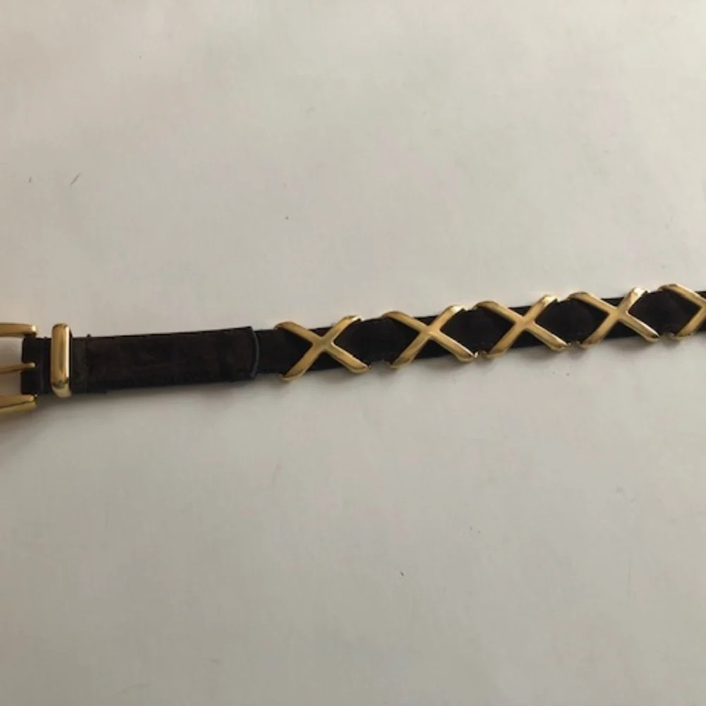 Brown suede leather fashion belt with gold accents
